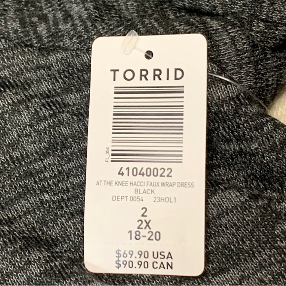 TORRID Women’s Dress, At The Knee, Faux Wrap, Black w/Heather Gray, Plus Sz. 2X - Picture 6 of 16